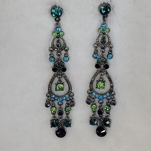 Dangly Blue, Green, Turquoise, Purple Post Back Earrings 4.25" Long